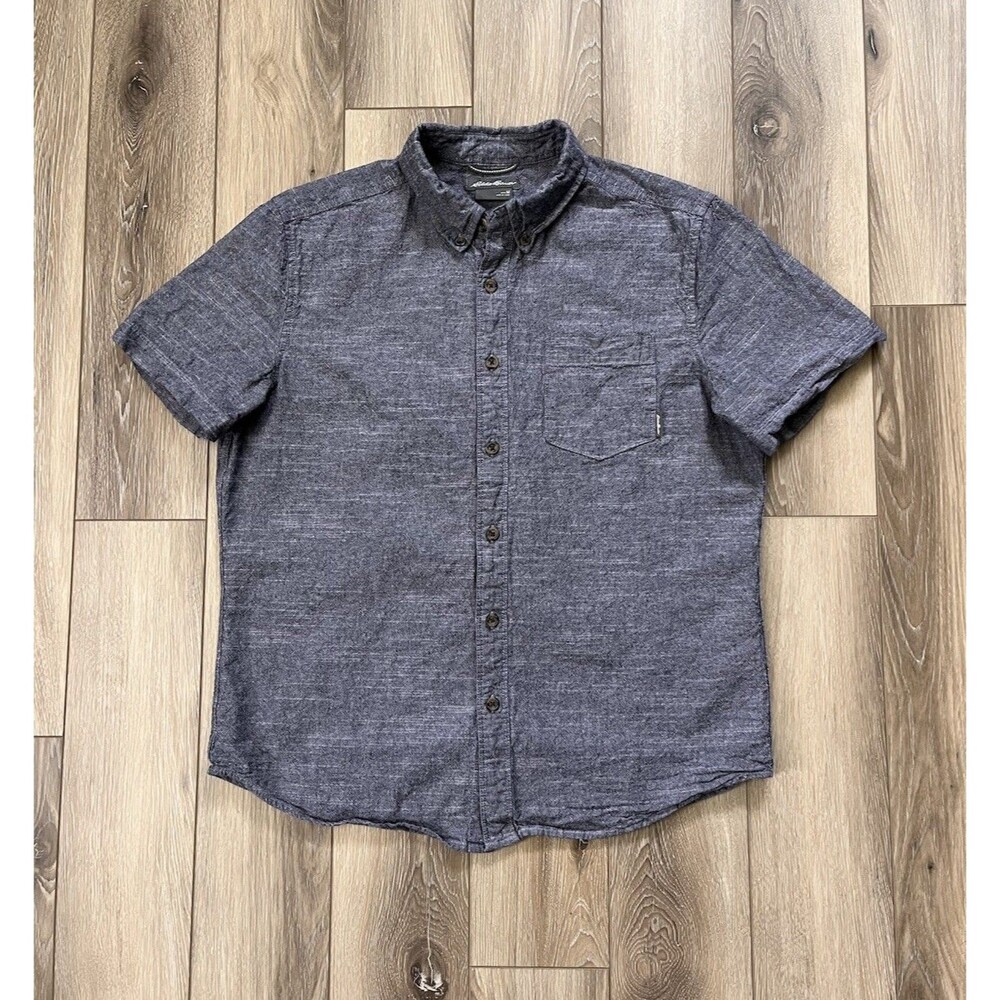 Eddie Bauer Men’s Sz Medium Blue Solid Woven Cotton Button Down Front Pocket